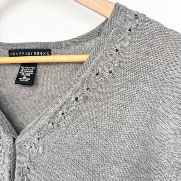 Geoffrey Beene Gray Merino Wool Cashmere Blend Floral Cardigan Sweater Size XL - Picture 3 of 6